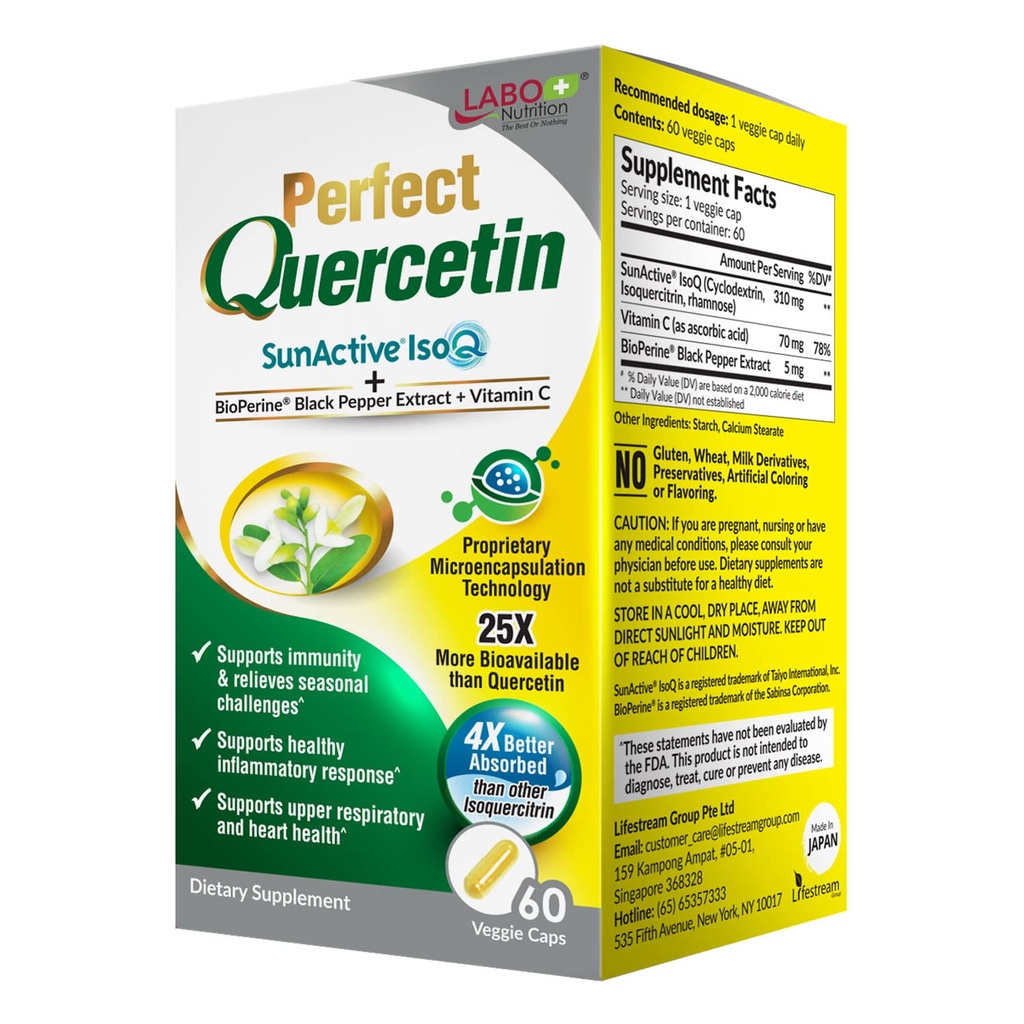 LABO Nutrition Perfect Quercetin SunActive IsoQ Bioflavonoides, Vitamina C, 25x Mais Biodisponível, para Imune, Alergia, Alívio Sinus e Suporte Cardiovascular - Resposta à Inflamação Saudável - 60s