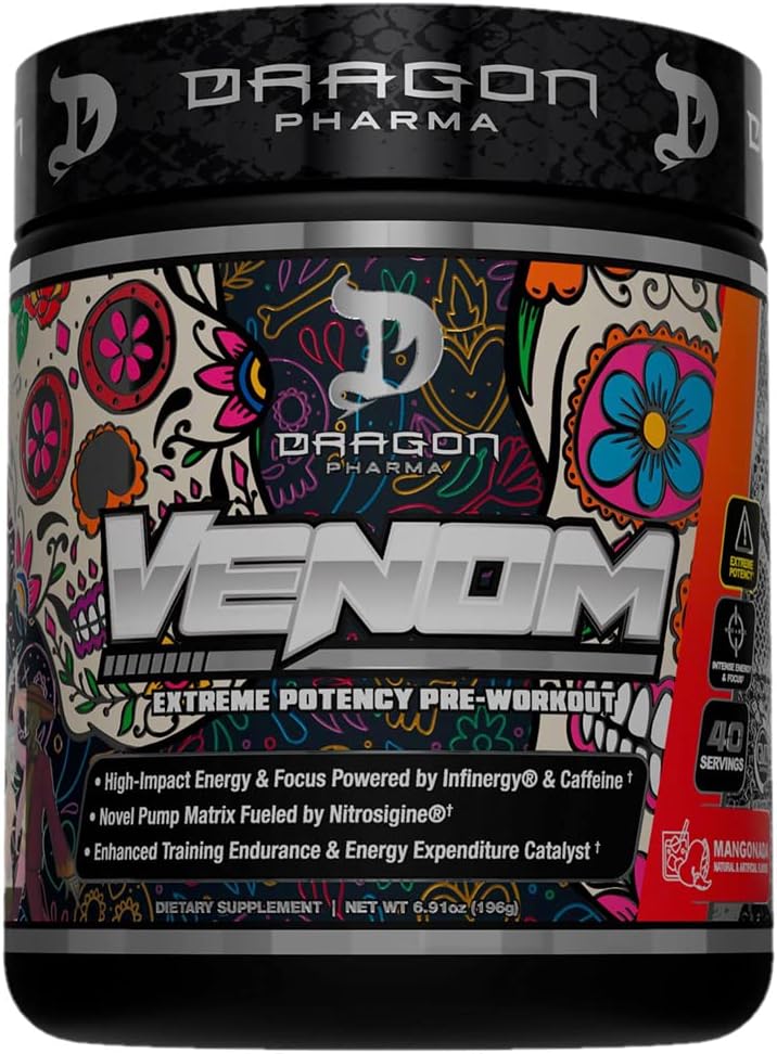 DRAGON PHARMA Venom Extrema potência pré-treino, Laser Sharp Focus + Energia, Desempenho Intenso, Ingredientes comprovados para Vasodilatação e Endurance melhoradas (40 Servings, Mangonada)
