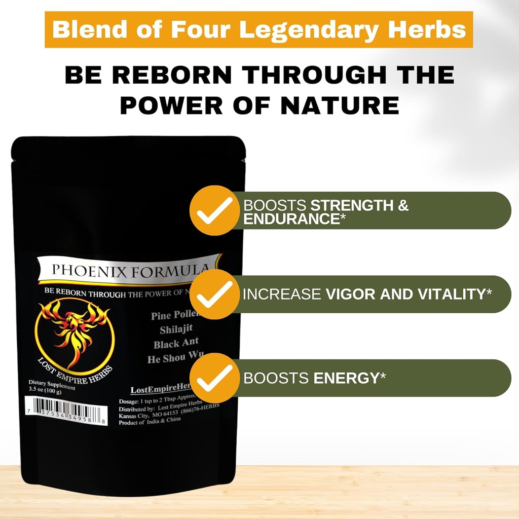 Phoenix Rejuvenescimento Fórmula - Império Perdido Herbs Energia Mistura de 4 Top Natural Saúde Herbs Pine Pollen, He Shou Wu, Formiga e Shilajit (100g Pó)