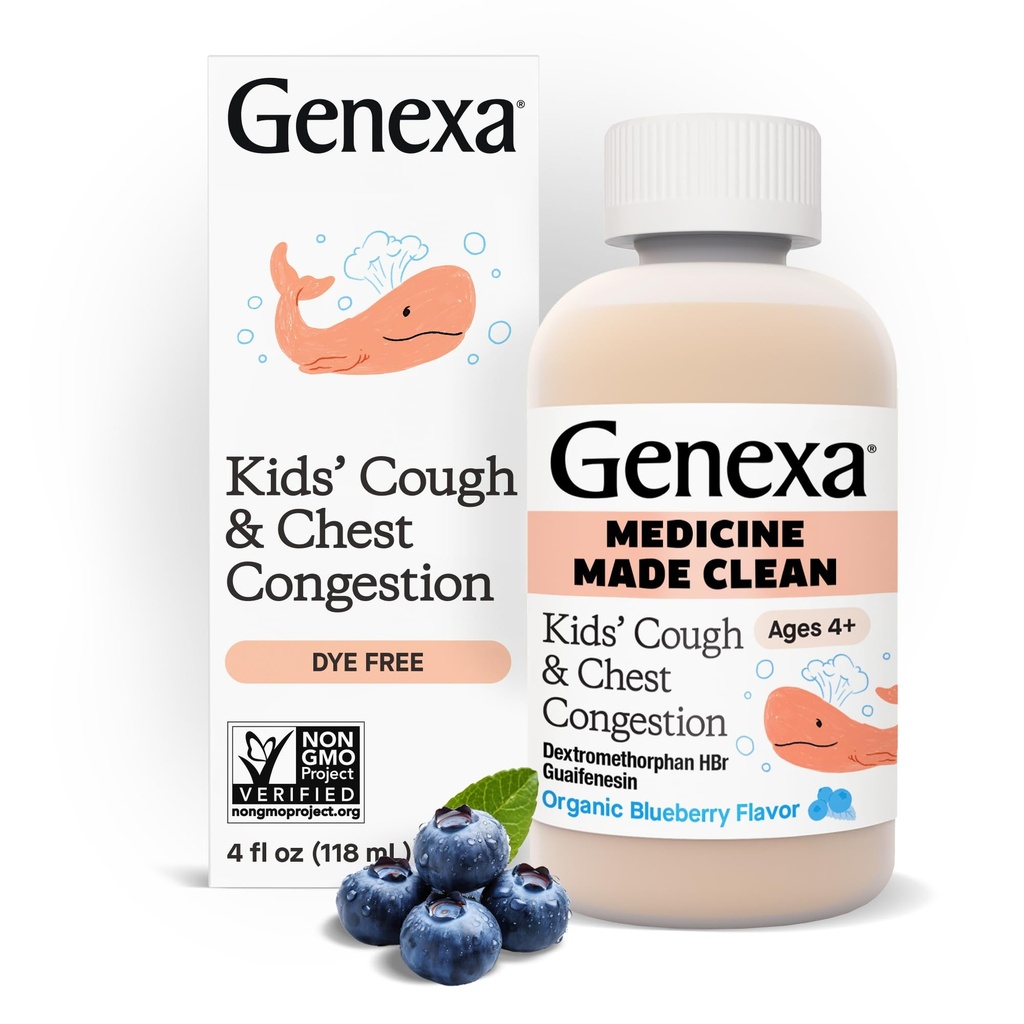Genexa Kids' limpa tosse & congestionamento do peito medicina, corante livre, 0% aditivos artificiais, multi-sintomas tosse xarope para crianças 4-11, tosse suppressor e expectorante, sabor de mirtilo orgânico, 4 fl oz
