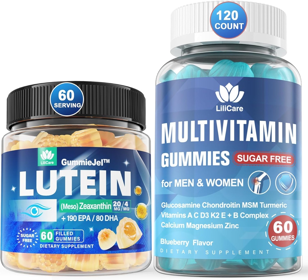 Açúcar grátis Lutein 20mg Zeaxanthin Eye Vitaminas Enchidas Gummies com EPA 190mg & DHA 80mg + Multivitamin com Glucosamina Chondroitin MSM para apoio imunológico, homens e mulheres - (Pacote de 2)
