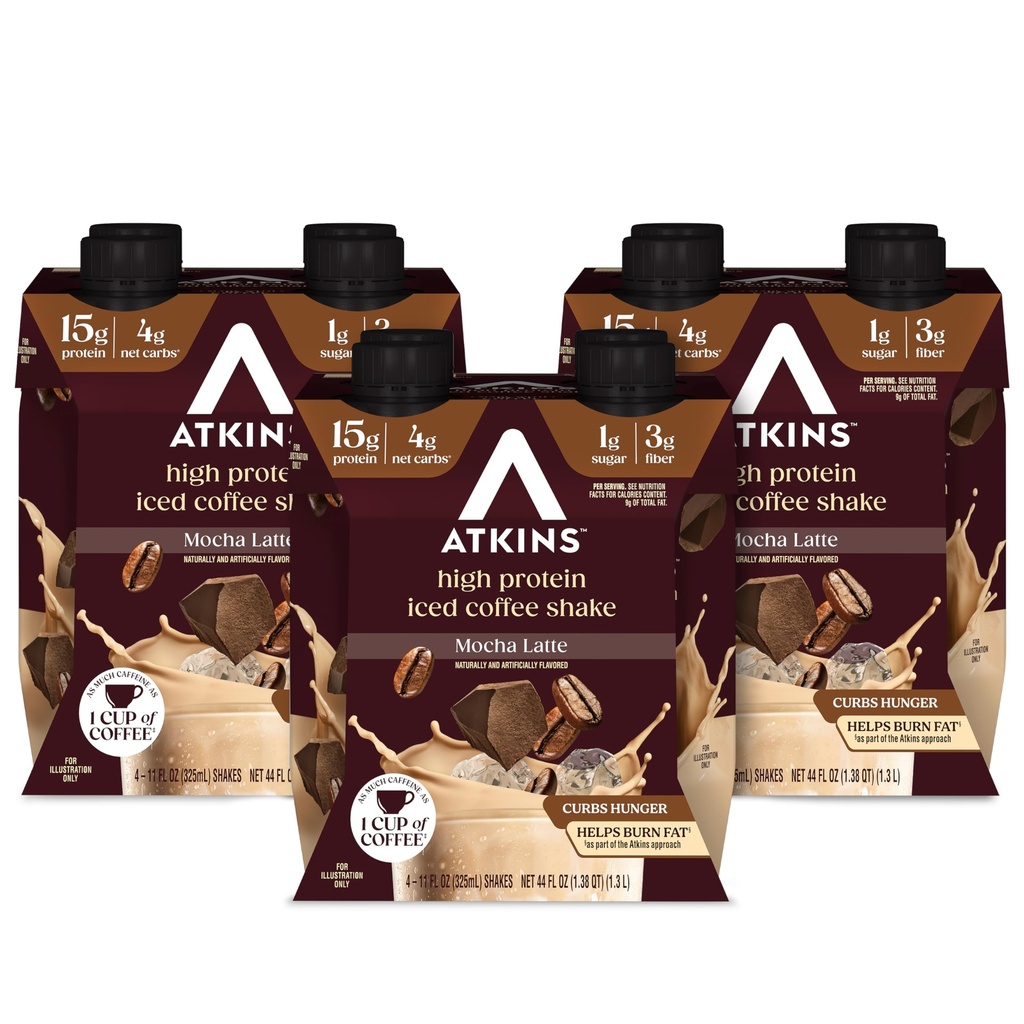 Atkins Mocha Latte gelado café aromatizado proteína Shake, alta proteína, baixa glicémia, baixo carboidrato e baixo açúcar Shakes, Keto-friendly, 12 embalagem