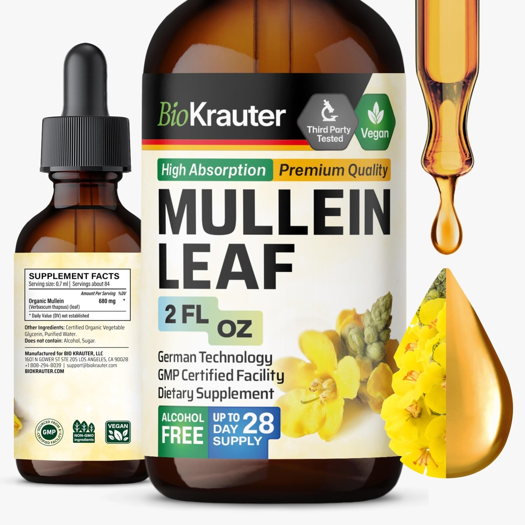 BIO KRAUTER Mullein Leaf Extract for Lungs 2 Fl. Oz - 28 Dias de Abastecimento - Pure Mullein Drops for Lung Cleanse & Detox - Vegan Respiratory Supplements - Não-GMO, Sem Açúcar & Álcool