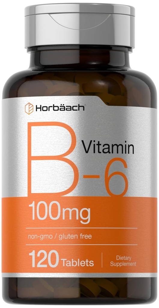 Horbaach Vitamina B6 100mg – 120 comprimidos vegetarianos Piridoxina HCl – Não-GMO e Suplemento sem glúten