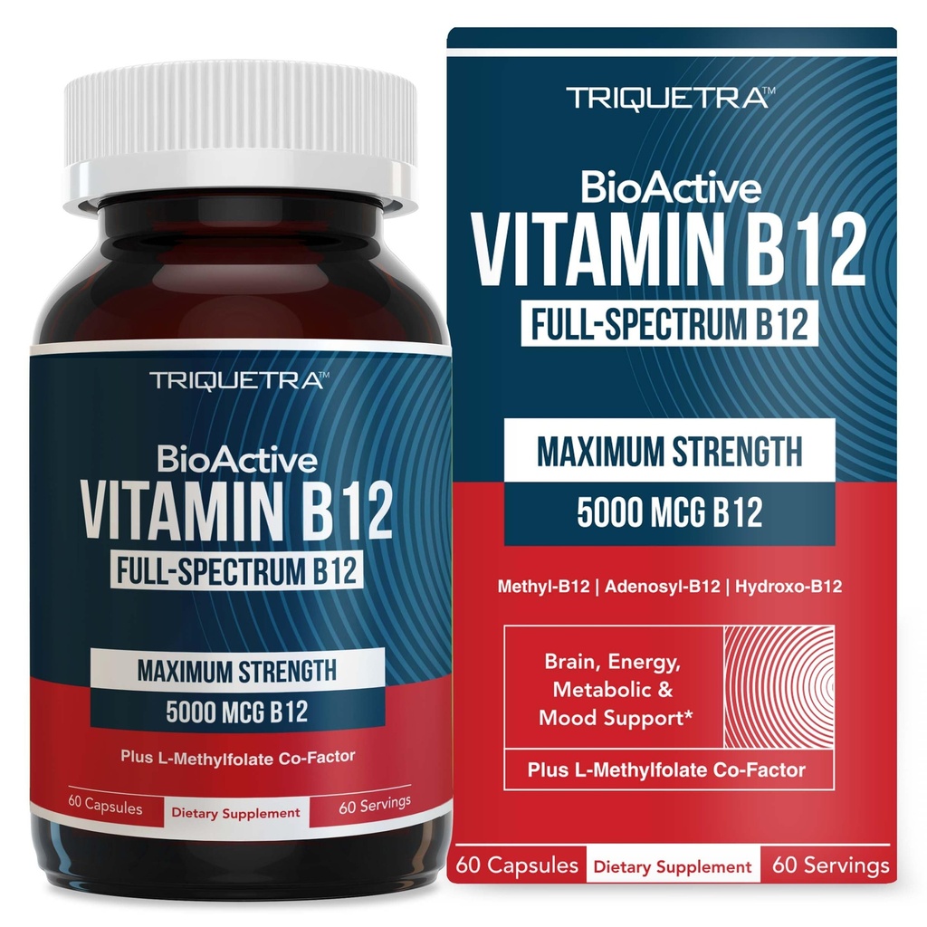 BioActive Vitamina B12 - 5000 mcg, contém 3 BioActive Forms B12 Plus Metilfolato Cofactor - Metil B12, Adenosyl B12 & Hydroxy B12 Suporta Energia, Metabolismo & Mood .