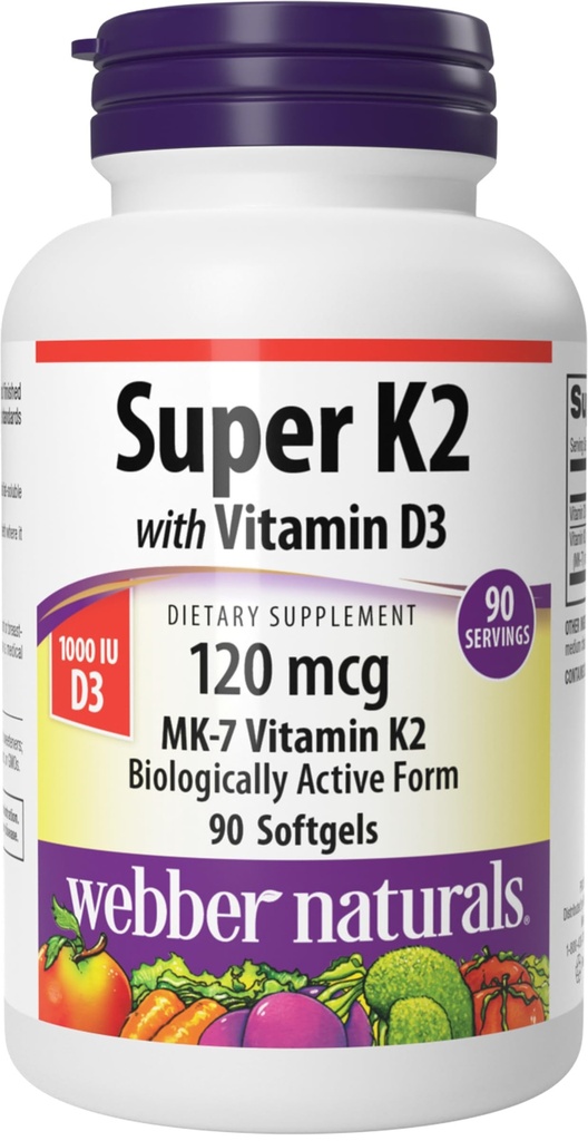 Webber Naturals Super Vitamina K2 MK-7 120 mcg com vitamina D3, 90 Softgels, suporta ossos, dentes e sistema cardiovascular