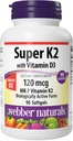 Webber Naturals Super Vitamina K2 MK-7 120 mcg com vitamina D3, 90 Softgels, suporta ossos, dentes e sistema cardiovascular