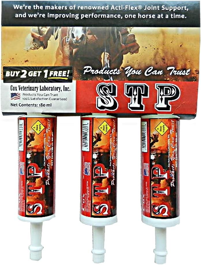 Colar oral STP para cavalos. Ajuda a aliviar a dor e inflamação. Altamente palatável. Ingredientes naturais seguros. Seringa Fácil. Três pacotes. Abastecimento de 18 dias. Feito nos EUA.