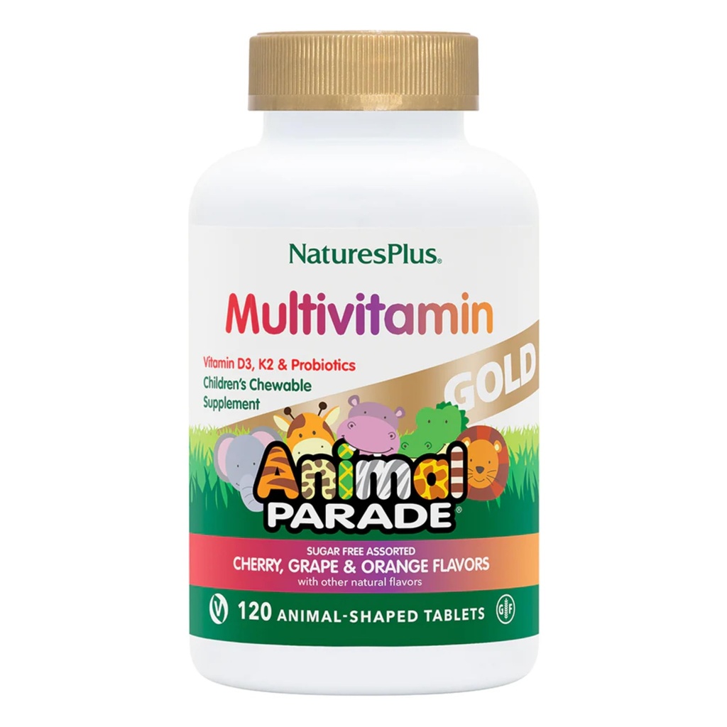 Naturezas Plus Animal Desfile Ouro Multivitamin infantil - 120 Comprimidos mastigáveis em forma de animal - Cereja variada, laranja & sabores de uva - Vegan, Gluten Free - 60 Total Servings