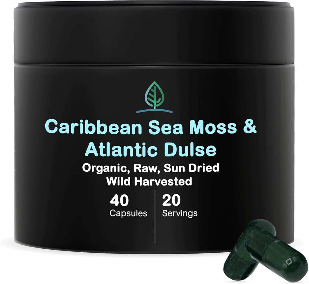 Holistic Bin Organic Sea Moss Cápsulas 100% Puro Mar do Caribe Moss + Dulse Seaweed □ Selvagem Colheitada □ Sem Enchimentos