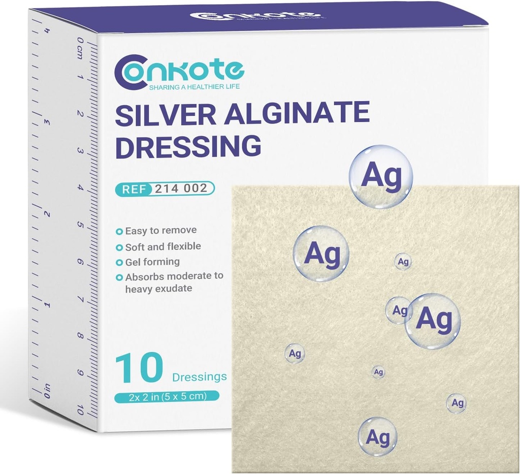 Alginato de prata conkote Alginate Alginate Dressing Pads 2” x 2”, 10 Pack, Não-Stick Padding Ag Patches, Altamente Absorvente para Úlcera de Pressão, Dor na Cama e Pé Diabético Ulcer