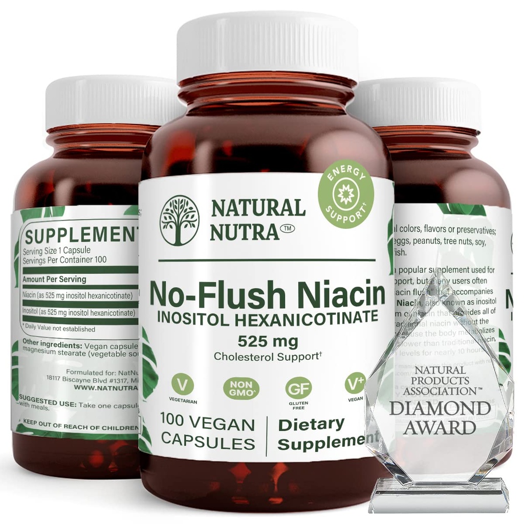 Natural Nutra No Flush Niacin, Suplemento vitamina B3, Ajuda a melhorar a saúde cardiovascular, Ajuda a melhorar a textura da pele, Promove melhor função cerebral, Ajuda a aumentar o nível de energia 525 mg, 100 cápsulas
