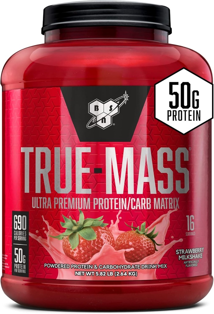 BSN VERDADEIRA-MASSA ganho de peso, massa muscular Gainer proteína pó, Morango Milkshake, 5,82 Libras