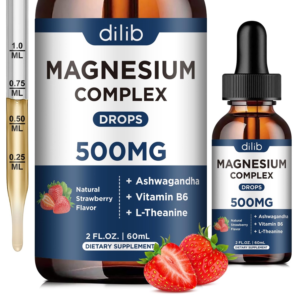 Triplo Magnésio Complexo Suplemento-Glicinato de Magnésio, Citrato, Malato Liquid Drops 500mg com Ashwagandha, L-Teanina, Vitamina B6 para alívio do estresse, sono, apoio muscular-Flavor de framboesa