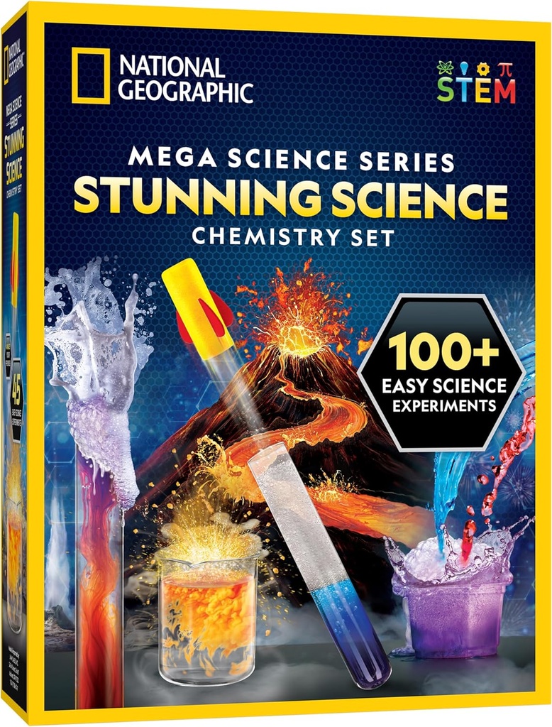 National Geographic Stunning Chemistry Set - Mega Kit de Ciência com 45 Experiências Fácil - Faça um Vulcão e Lance um Rocket, Projetos STEM para Crianças Idades 8-12, Brinquedos de Ciência (Exclusive)