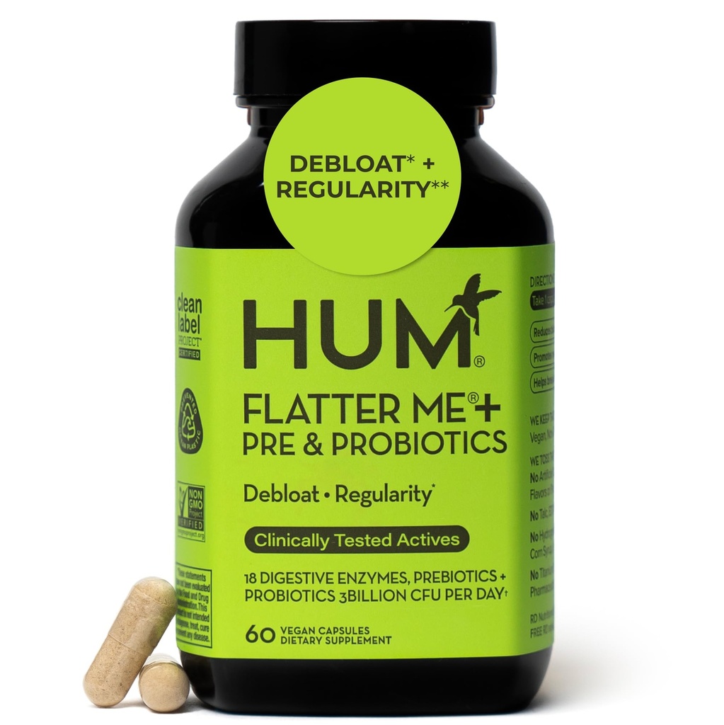 HUM Flatter Me Digestive Enzimas Plus Prebióticos & Probióticos, Digestive Health Bloating Supplement for Women & Men, Fast Action Anti Bloat Pills Multi Enzyme for Debloating, Vegan, 60 Cápsulas