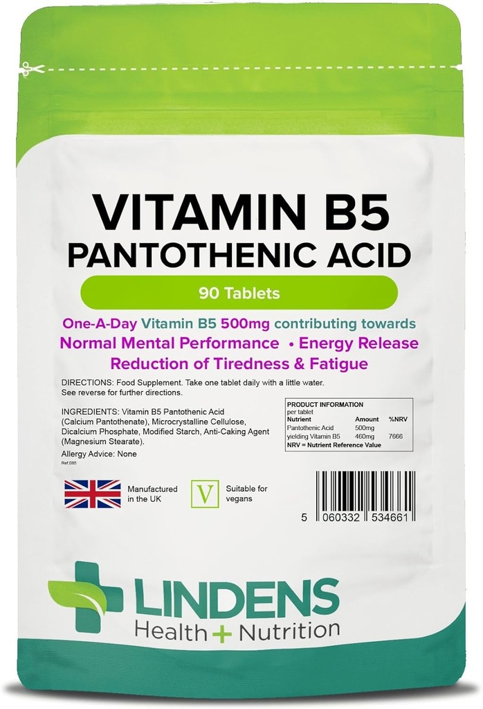 Lindens Vitamina B-5 B5 100 x 460mg Comprimidos (ácido pantoténico)