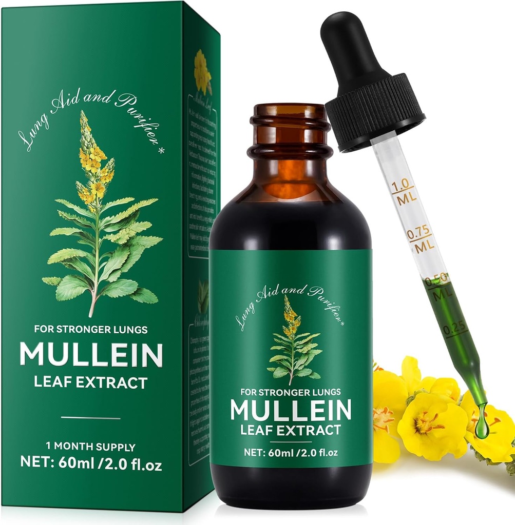 Mullein Drops para Pulmões, Mullein Leaf Tinture Drops 2 fl oz Extrato de Folha Mullein para Detox Pulmões e Saúde Respiratória Pulmão, Suporte para Respiratório, Suplemento Natural de Ervas