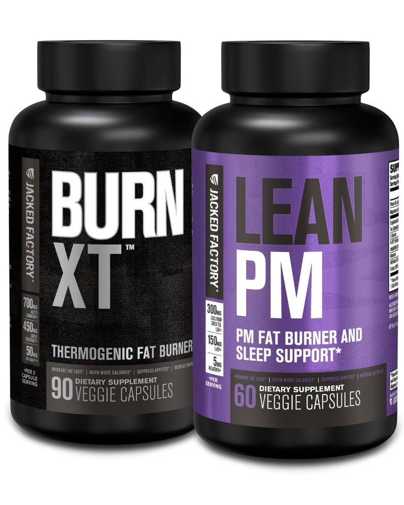 Queimadura de gordura termogênica XT da fábrica Jacked - Apetite Supressor & Nootropic Energy Booster (90 Cápsulas) & Lean PM Weight Loss Supplement, Suporte para o sono