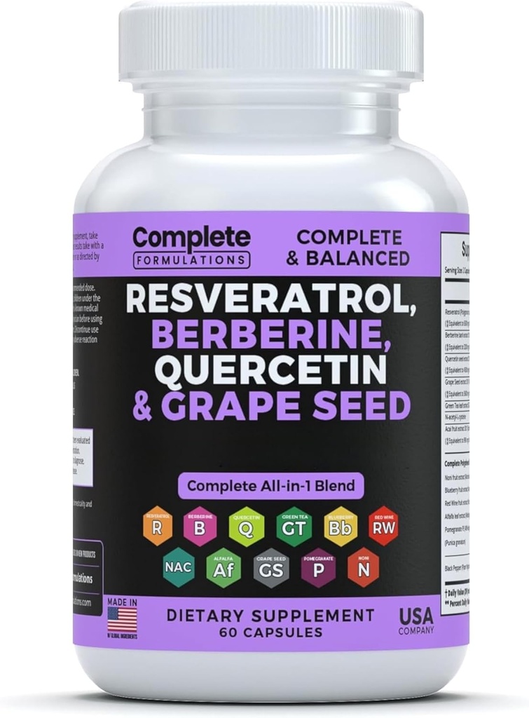 Suplemento de Resveratrol com Quercetina, Berberina, Extrato de Sementes de Uva e Mistura de Polifenol para Saúde da Pele, Suporte Imune e Antioxidante Boost