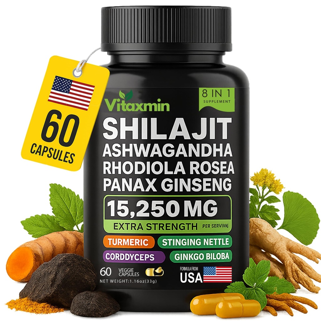 Cápsulas de Shilajit e Ashwagandha, multivitamina de ervas 8-em-1 para homens e mulheres, com Rhodiola Rosea, Ginseng, e Stinging Nettle, Shilajit para homens e mulheres