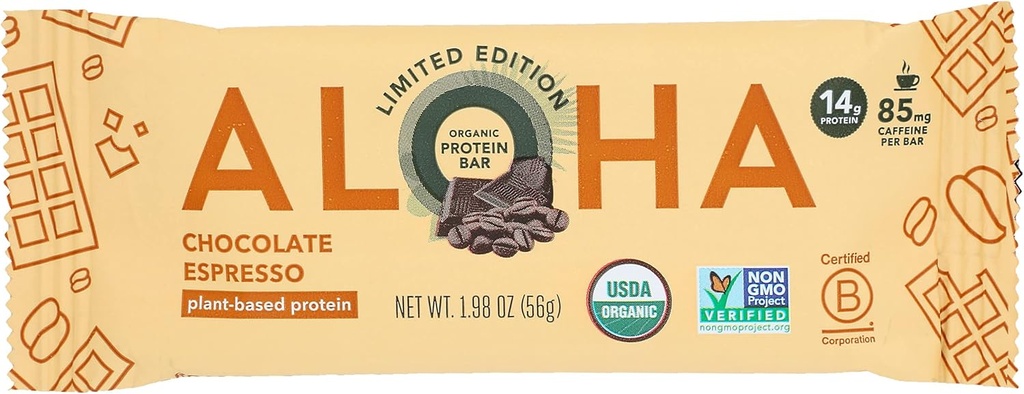 Aloha Organic Chocolate Espresso Protein Bares, 14g Proteína Baseada em Plantas, 85mg Cafeína, USDA Certified Organic, Gluten Free & Non-GMO, 1.98 Oz (Pacote de 12)
