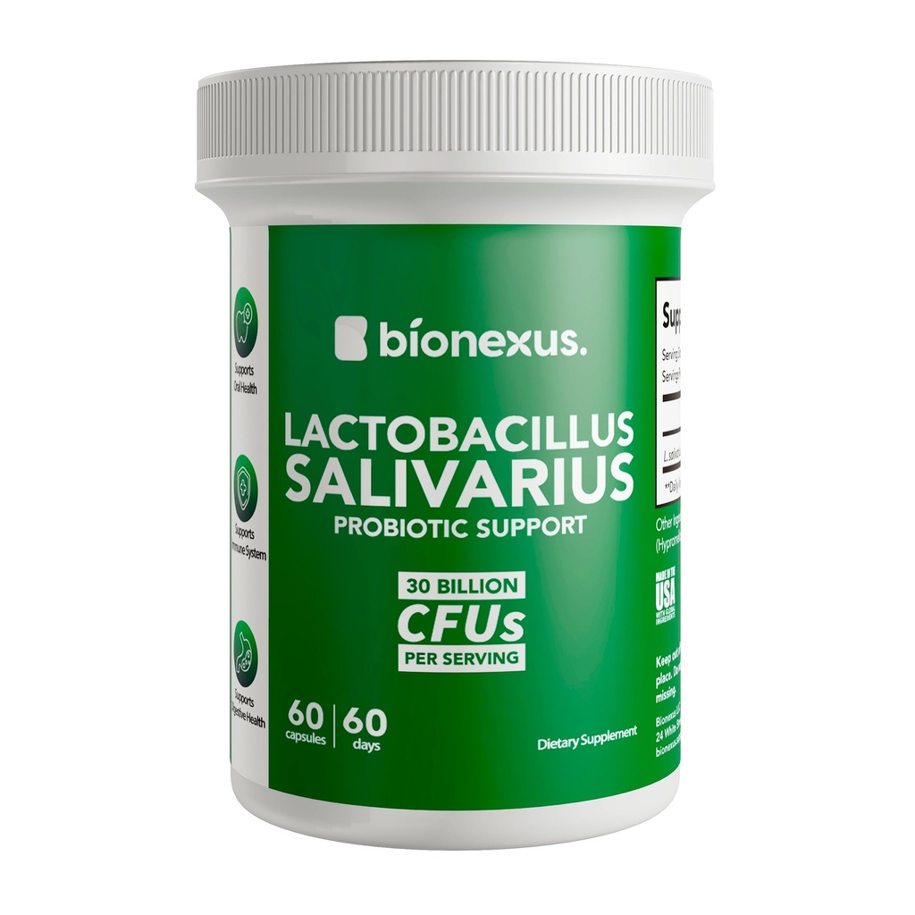 BionexusTM Lactobacillus Salivarius Suplemento dietético – 60-Count, 30 Billlion UFC Suporte Oral Probióticos, Bem-Estar Oral e Digestivo, Imune Boost – Made in USA, Delayed-Release DRcaps®
