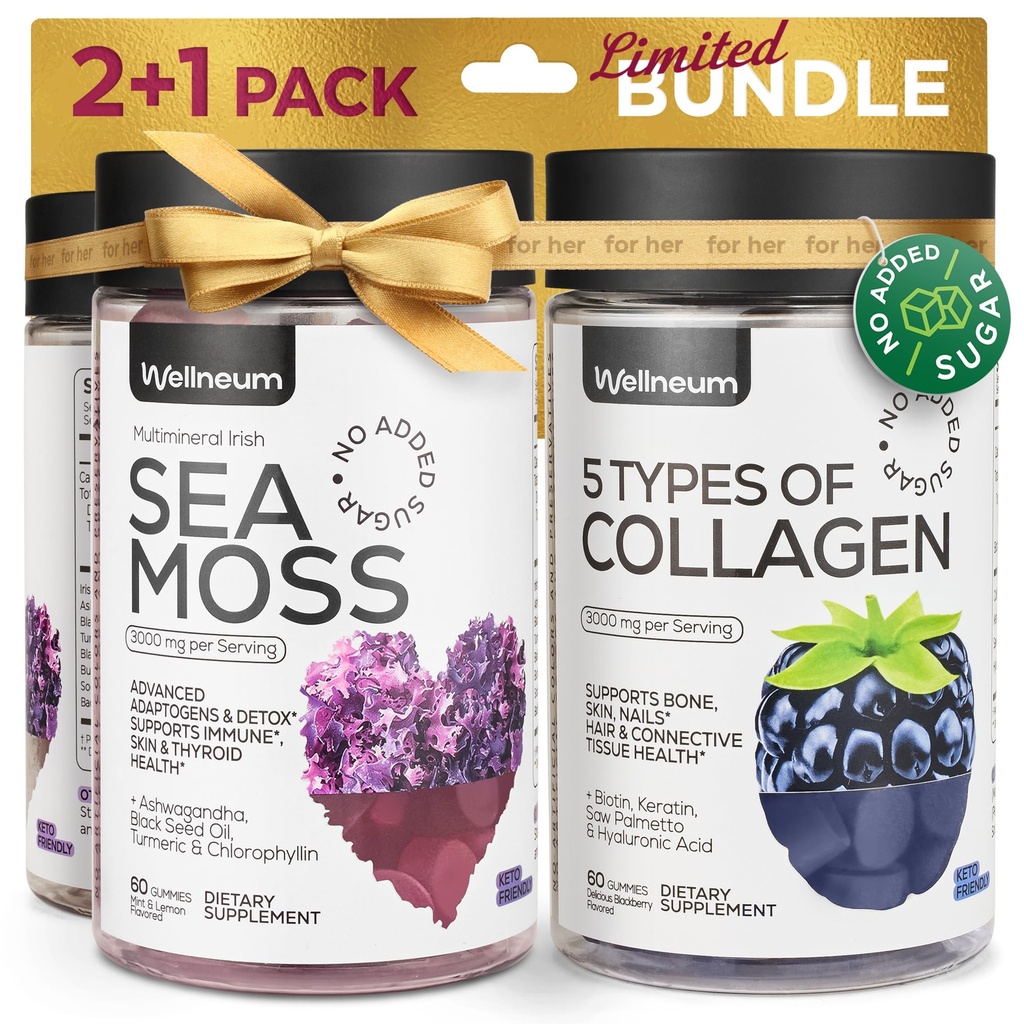 Colagen e Sea Moss Gummies Bundle - Colagen Peptides, Irish Sea Moss, Biotin, queratina, Bladderwrack - Gummy Suplemento para Imunidade, Detox, Cabelo Saudável, Pele e unhas - para homens e mulheres