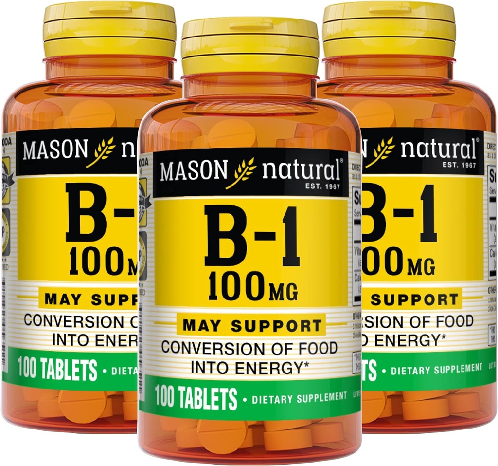 Mason Natural Vitamina B1 (Thiamin) 100 mg, Conversão Saudável de Alimentos em Energia, Suporta Nervo e Saúde Imune, 100 Comprimidos (Pacote de 3)