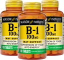 Mason Natural Vitamina B1 (Thiamin) 100 mg, Conversão Saudável de Alimentos em Energia, Suporta Nervo e Saúde Imune, 100 Comprimidos (Pacote de 3)
