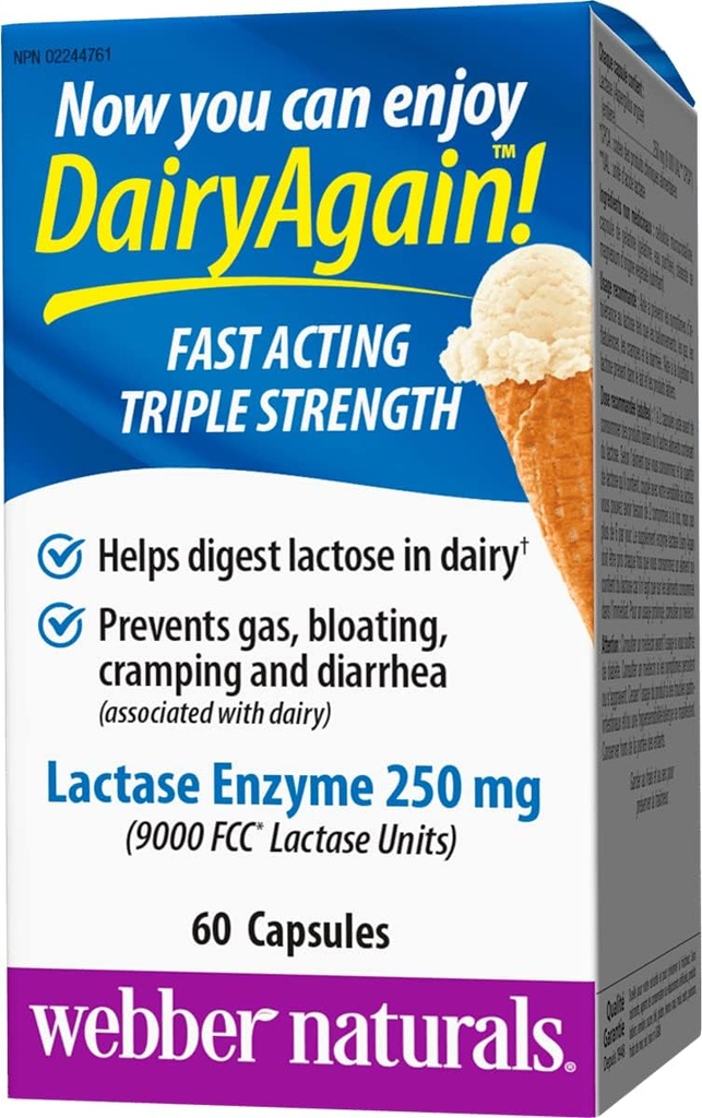 Webber Naturals Dairy Mais uma vez 250mg Lactase Enzima Tripla Força, 60 Cápsulas