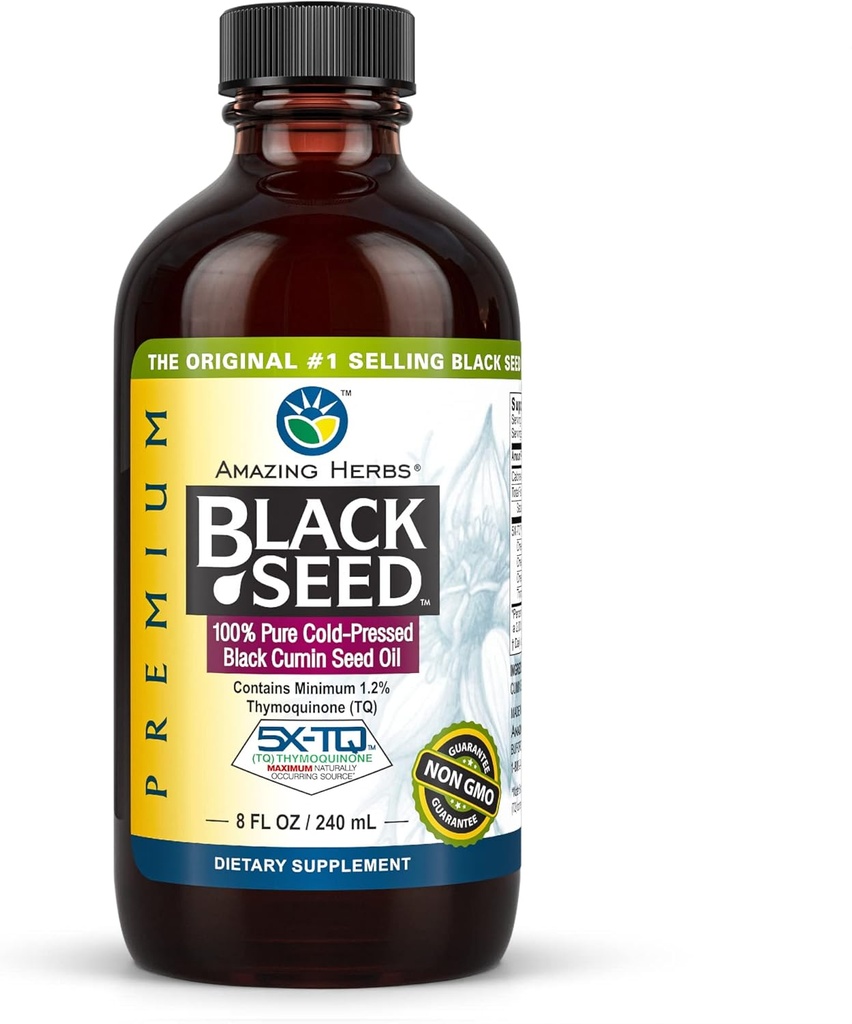 Amazing Herbs Premium Black Seed Oil - Gluten Free, Non GMO, Frio Pressed Nigella Sativa Aids em Saúde Digestiva, Suporte Imune, Função Cérebro - 8 Fl Oz