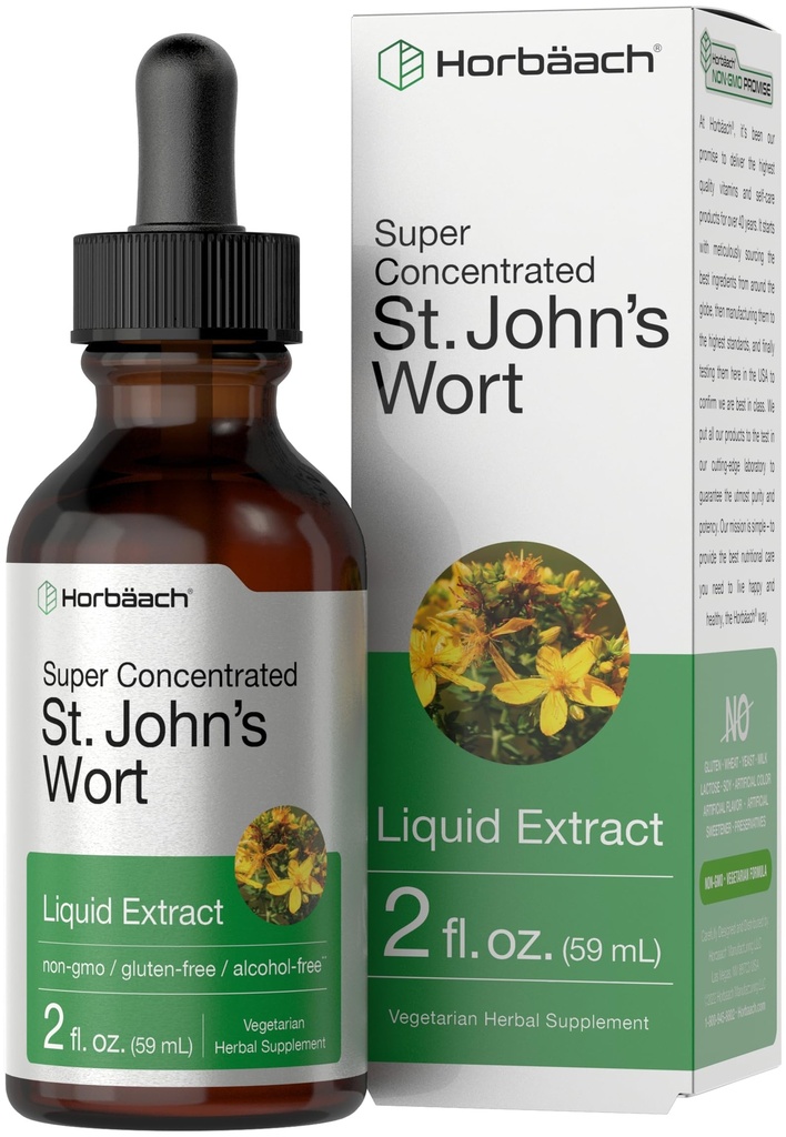 Horbäach St Johns Wort Tintura 2 Fl Oz Livre de Álcool Extrato de Líquido Vegetariano Não-GMO, Suplemento sem glúten