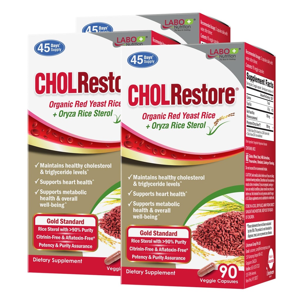 LABO Nutrition CHOLRestore – Red Yeast Rice com Phytosterol Health Supplement, Suporta Níveis de Colesterol Saudável, Citrinina e Aflatoxina Grátis, 90 Vege Cápsulas 3x3