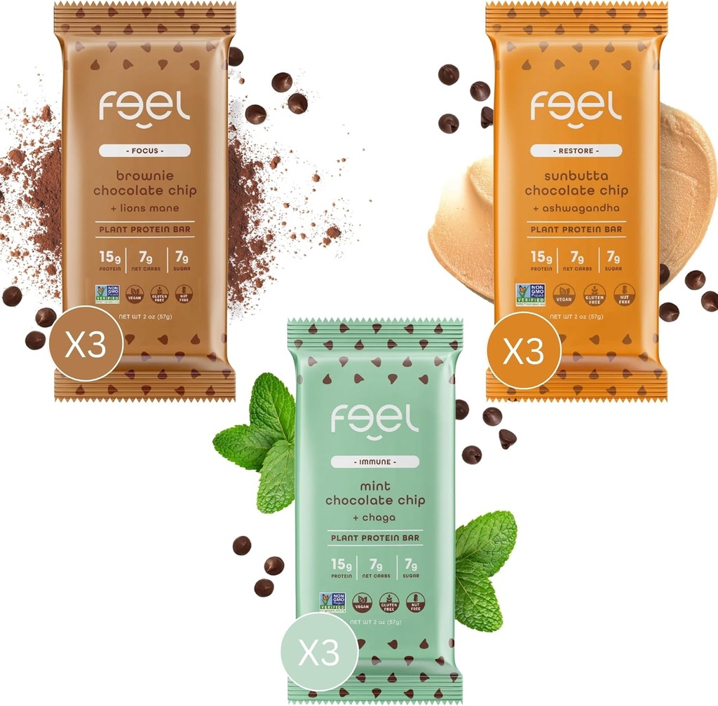 Sentir Vegan Protein Bares Os amantes de chocolate , Keto , Sem glúten , Orgânico , Leões Mane , Chaga , Ashwagandha , 15g de proteína , Baixo açúcar , Não OGM , Sunbutta + Brownie + Mint - 9 Pack