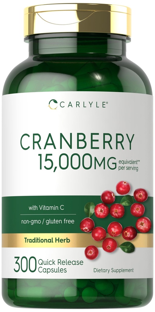 Carlyle Cranberry Pills 15000mg 300 Cápsulas Suplemento de Extrato de Erva para Mulheres e Homens com Vitamina C
