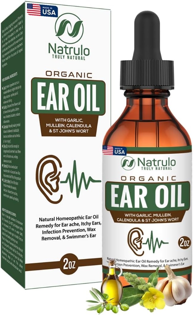 Óleo Orgânico de Orelha para Infecção Orelha - Eardrops Natural para Dor Orelha, Remoção de Orelha e Cera de Nadador - Crianças, Adultos, Bebê & Dog Earache Remedy - Gotas Orelha com Mullein, Alho Made in USA