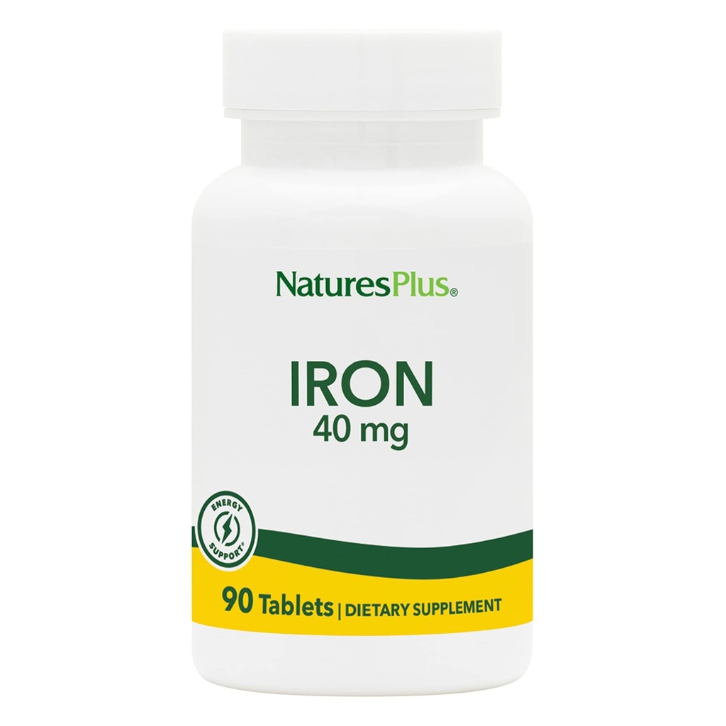 NaturesPlus Iron - 40 mg, 90 comprimidos - Vegetariano, sem glúten - 45 Servings