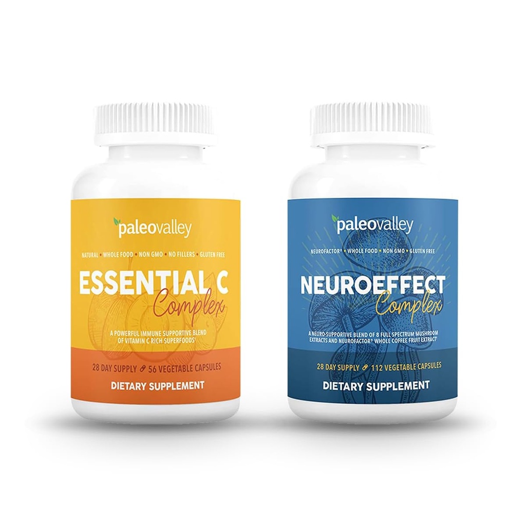 Paleovalley NeuroEffect + Essential C Pacote Complexo - Extrato de Café de Cogumelo Neuro, Suplemento de Vitamina C 450g Foco, Memória, Energia, Suporte Imune, Superalimentos Orgânicos