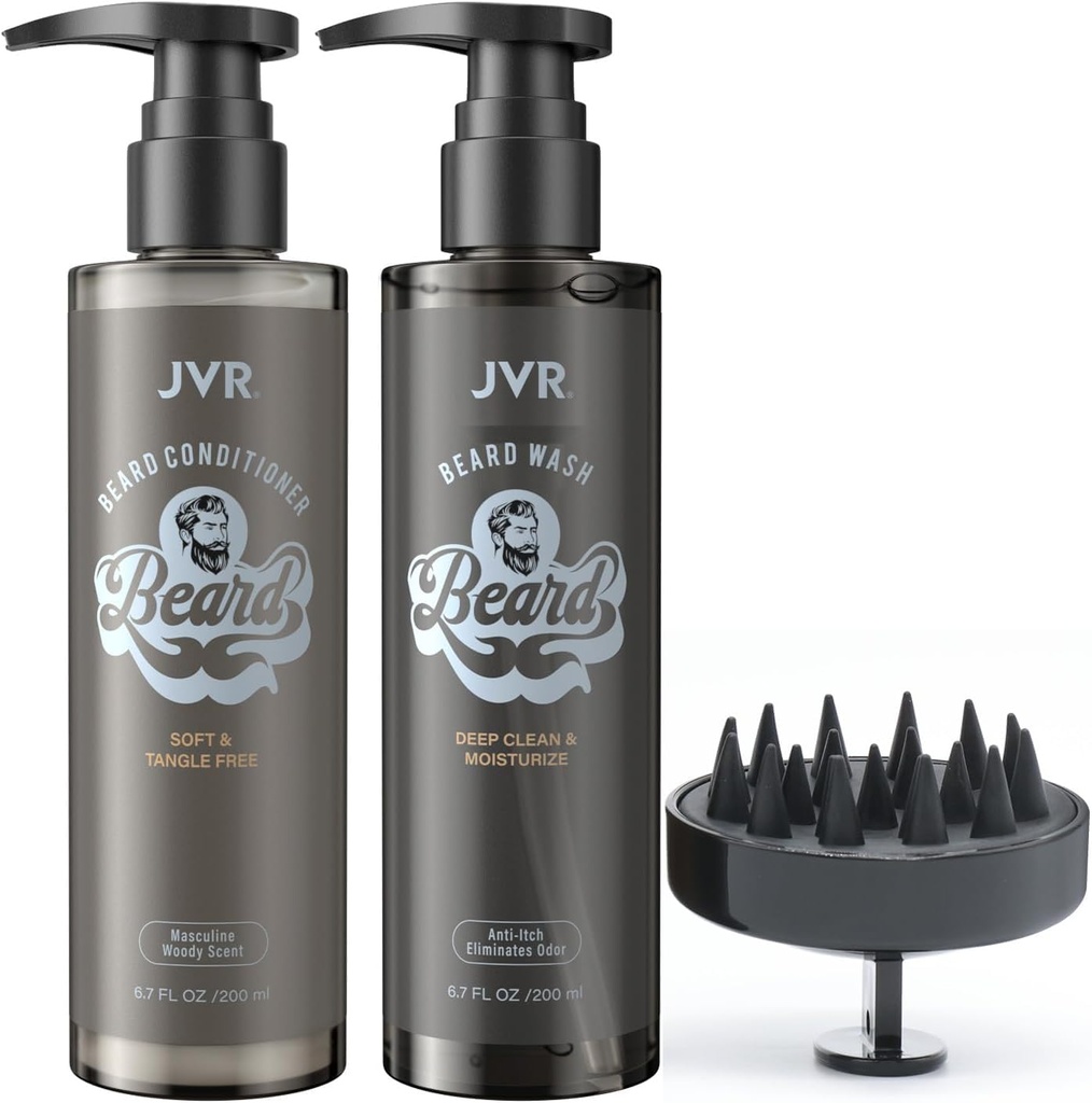 JVR Beard Wash and Beard Conditioner para homens, Barba Shampoo Cleanse e reduz o Frizz, suavizar e fortalecer, orgânico com coco, Aloe, fornece brilho para barbas secas e grossas, cuidado de barba (6.7 onças)