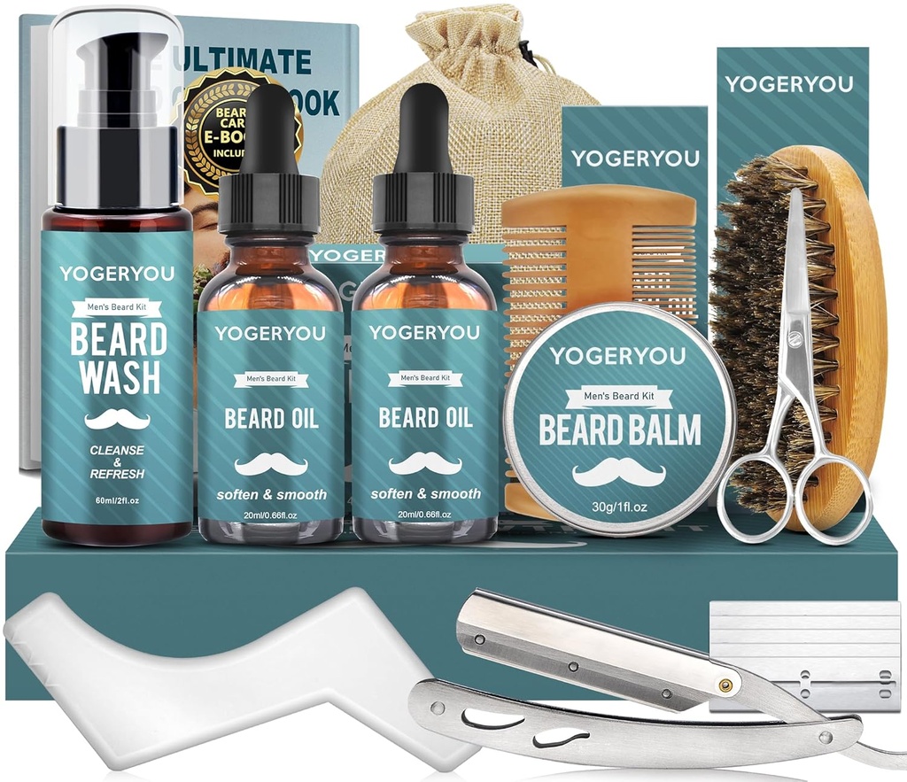 Kit de barba, Kit de jarda para homens W / Straight Razor, 2 PACK Óleo de barba, Lavar, Balm, Escova, Pentear, Tesoura homens presentes de Natal para homens namorado marido barba aparar kit de barbear