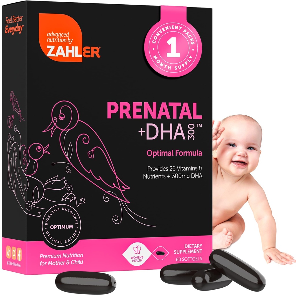 Vitamina pré-natal Zahler com DHA & Folato - Suplementos DHA e multivitamina pré-natal para mãe e filho - Kosher Vitaminas pré-natais DHA com ferro, pré Natal Softgels 60 Conde