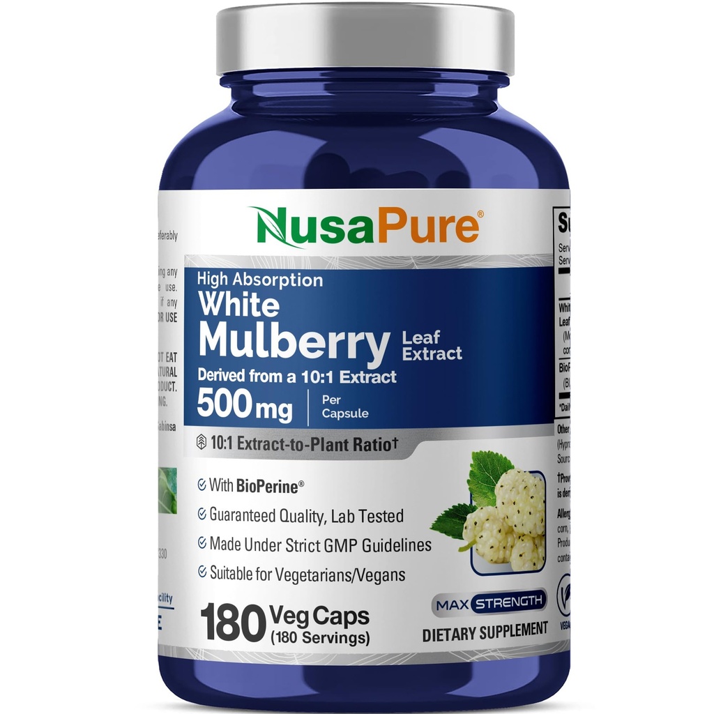 NusaPure White Mulberry Leaf Extract 10:1 Extract, 500 mg Equivalente a 5000 mg 180 Veg Caps (Vegan, Bioperina não OGM)