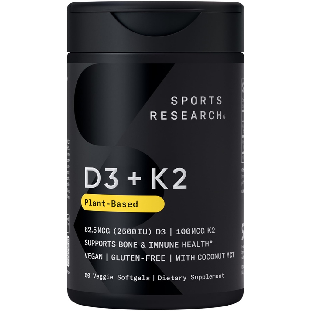 Sports Research® Vitamina D3 + K2 w / Óleo de coco - Vegan Vitamina D 2500iu (62.5mcg) & Mk7 Vitamina K 100mcg para suporte ósseo e imunológico - Vegan Certified · Não-GMO · Soy Free - 60 Softgels