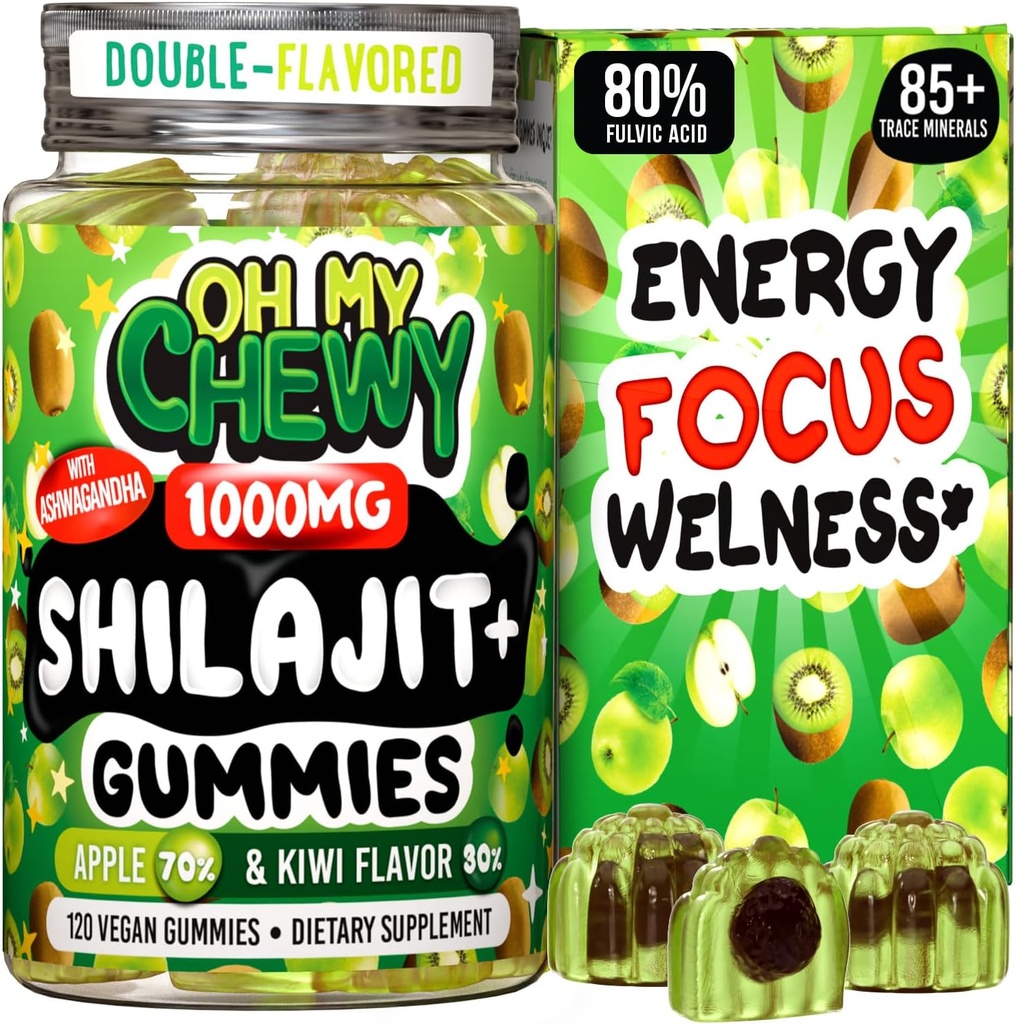 Puro Himalayan Shilajit Gummies - Alta potência de resina de grau de ouro - Energy Boost e Imune Support para homens e mulheres com Ashwagandha e Shatavari - 120 Gummy - Apple & Kiwi