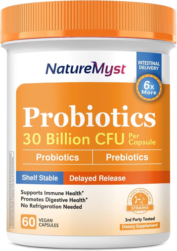 Probióticos, 30 bilhões UFC, 15 Strains, com Prebióticos para homens e mulheres, Gut Health, Imune & Digestive Support, Prateleira estável, Release tardia, 60 Caps Vegan