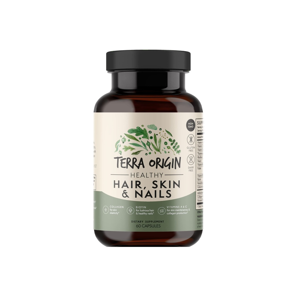 TERRA ORIGIN Healthy Hair, Skin and Nails Supplement □ Colágeno, Biotina, Rabo de Cavalo e B-Complexo suporta a força do cabelo, a elasticidade da pele e o crescimento das unhas