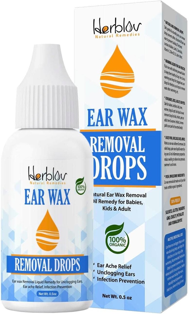 Orgânico Ear Wax Removal Drops para orelhas entupidas – Natural Ear Wax Cleaner Oil for Kid, Adult, Baby – Earwax Removal Liquid Remedy for Unclogging Ears, Earach Relief, Ear Health (Made in USA)