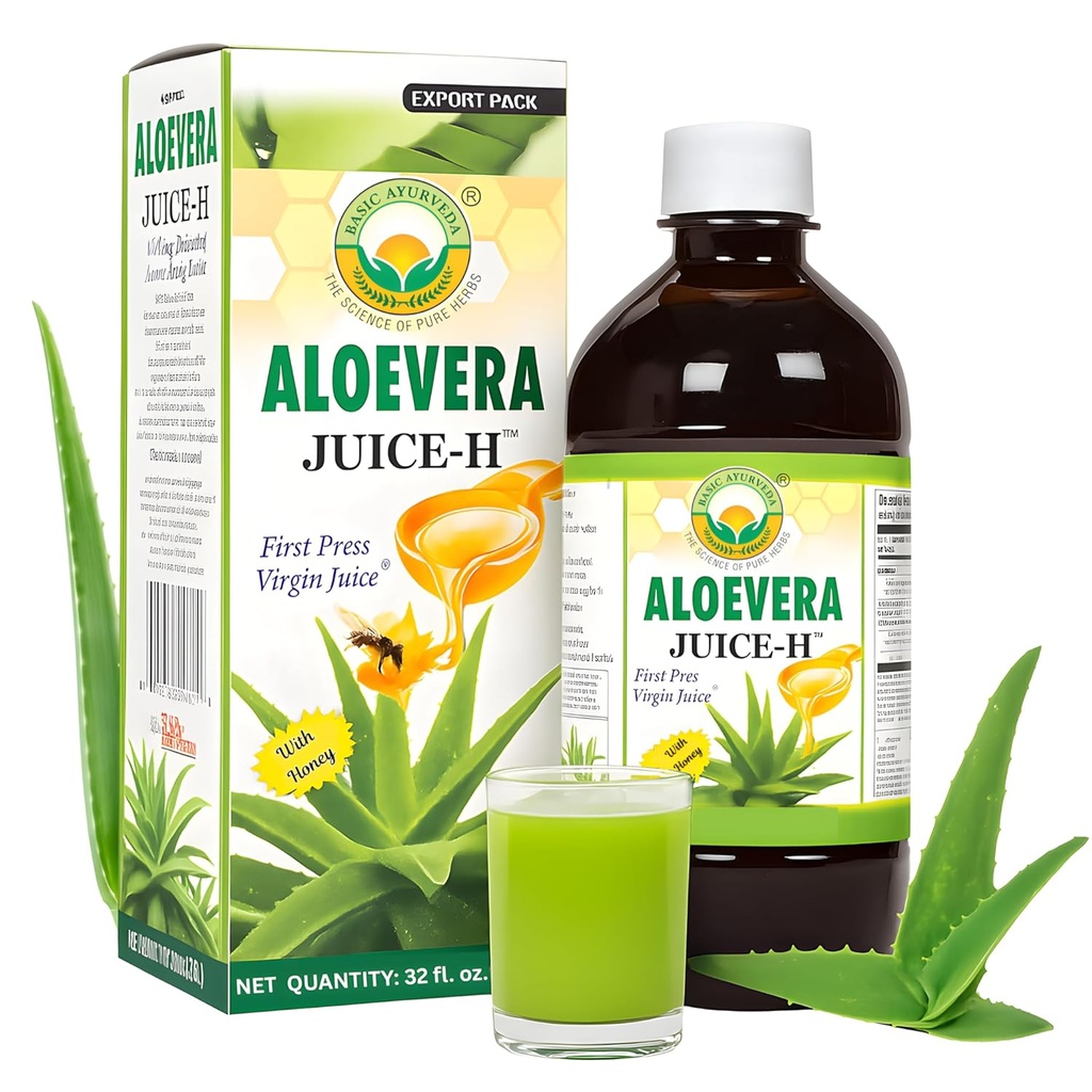 BASIC AYURVEDA Aloe Vera Juice com mel 32.46 Fl Oz (960ml) □ Suporta Saúde Digestiva, Hidratação e Bem-Estar da Pele □ Suco de ervas prensado a frio