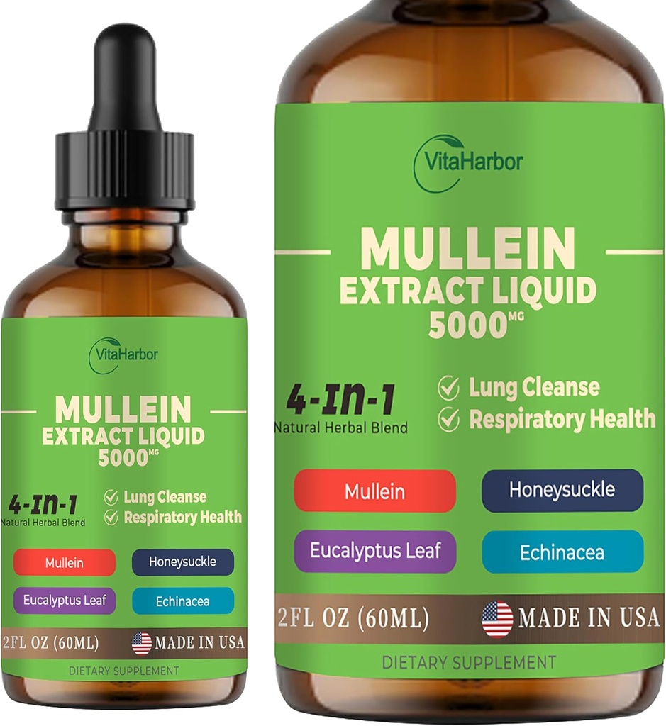 4-em-1 Mullein Drops para Pulmões, Folha Orgânica de Mullein & Honeysuckle & Eucalyptus Leaf & Echinacea Extracts, para Lung Cleanse, Immune & Respiratory Support, Sugar-Free